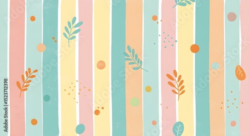 This colorful pattern features vertical stripes with charming leaves and dots.