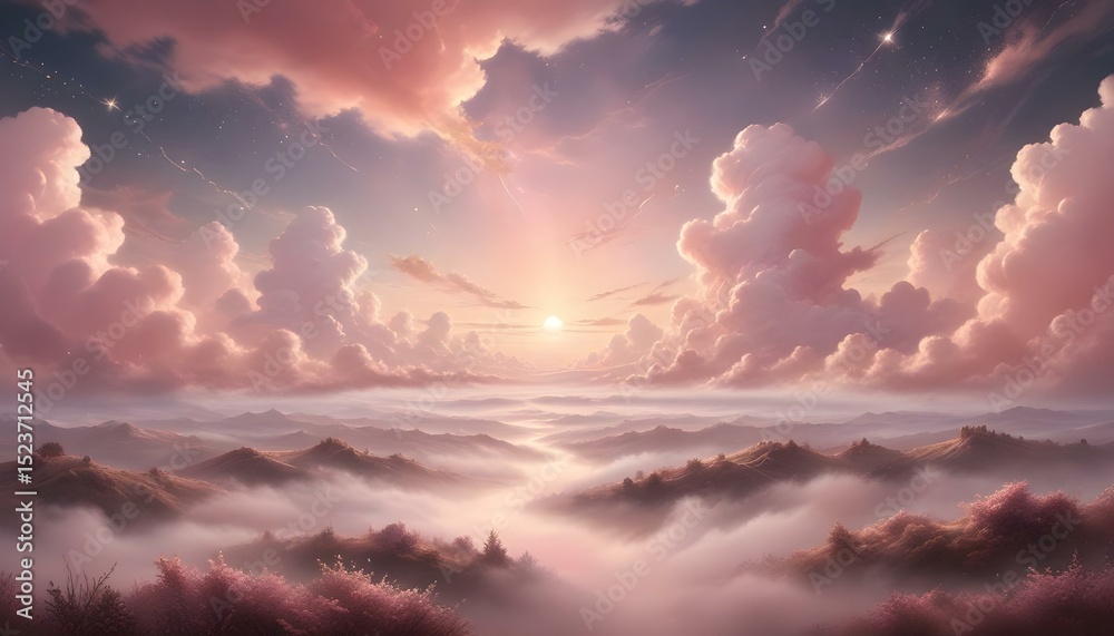 Fototapeta premium A stunning, pastel-colored landscape with fluffy clouds and a soft, dreamlike atmosphere.