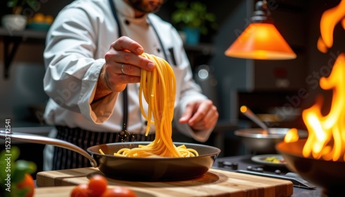 A chef prepares fresh pasta in a pan over a stove with visible flames in a cozy kitchen setting.