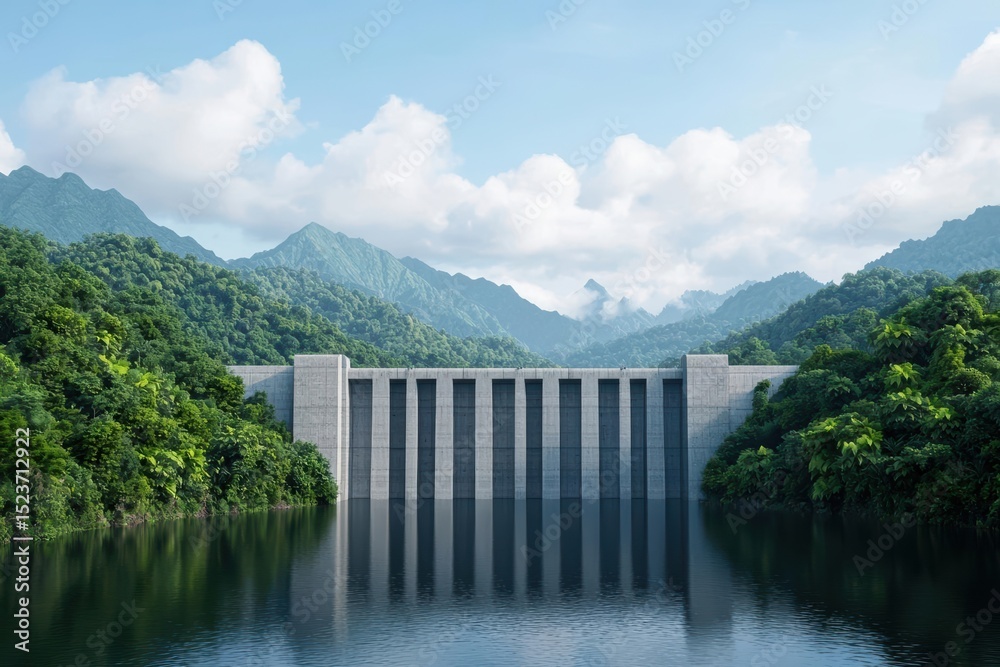 Fototapeta premium renewable energy source with hydropower and eco innovation. Hydropower station built into eco-bridge, merging infrastructure and energy