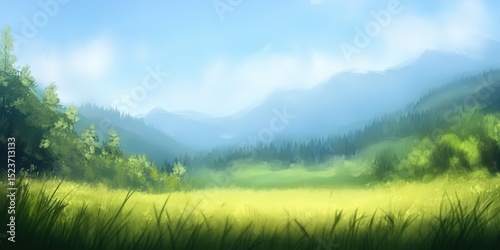 Peaceful Landscape Painting of Mountains and Green Field with Trees.