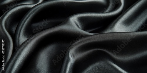 Elegant Dark Black Silk Fabric Texture Background with Draped Folds and Curves.