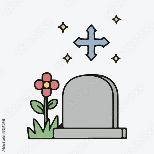 Simple Illustration of a Grave with a Cross and Flower