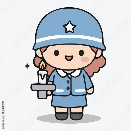 Adorable Cartoon Policewoman Holding a Candle Remembrance and Peace Illustration