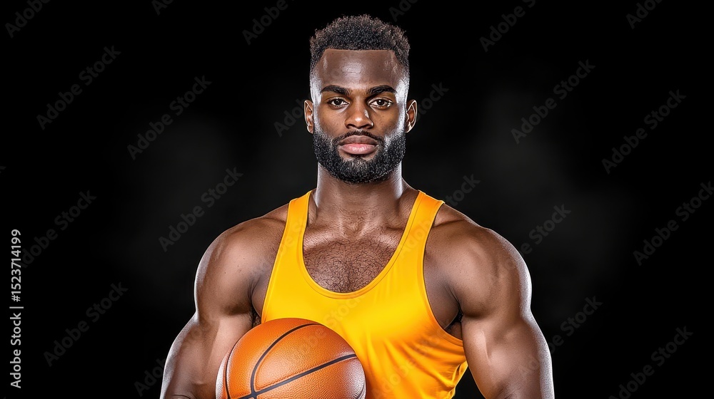 Muscular Black man with short hair holds a basketball against a dark background. He wears a mustard yellow tank top. The image is well lit, focusing Muscular Black man with short hair holds a basketball against a dark background. He wears a mustard yellow tank top. The image is well lit, focusing