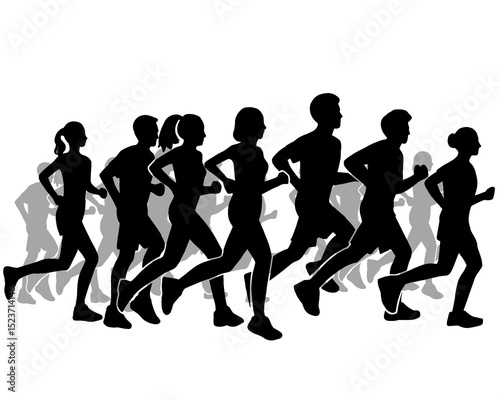 Silhouette of crowd of young people running, morning jogging, side view, isolated icon on white background.