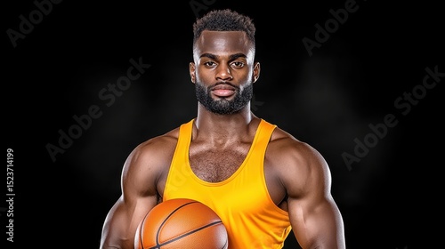 Muscular Black man with short hair holds a basketball against a dark background. He wears a mustard yellow tank top. The image is well lit, focusing