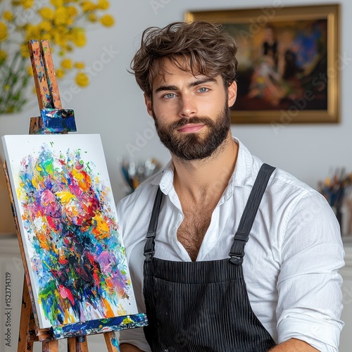 A young man with a beard and curly hair sits proudly beside his vibrant abstract painting, showcasing a colorful explosion of hues on canvas. The