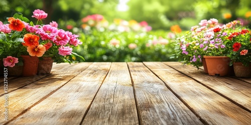 Wooden Table with Vibrant Flowers in Pots. Garden Oasis Bliss, Fresh Blooms.