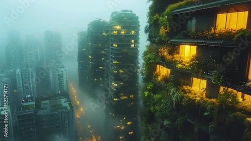 A futuristic cityscape where buildings are covered in vertical gardens and rooftop farms, blending seamlessly into the skyline. Soft lighting emphasizes the greenery, and people can be seen engaging