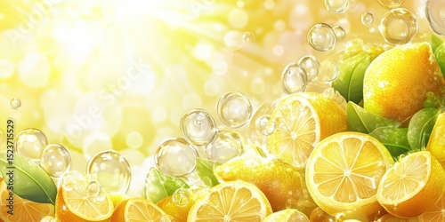 Juicy Lemons and Bubbles Explosion. Refreshing Citrus Burst with Bright Yellow Backdrop and Leaves Accent