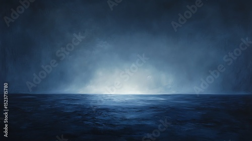 Abstract Dark Blue Horizon Landscape with Light, Artistic Minimalist Seascape Painting Background for Wallpaper.