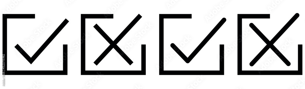 Right or wrong icons. Tick and cross marks in black color. Yes or no symbol, approved or rejected icon for user interface. Right or wrong icons. Tick and cross marks in black color. Yes or no symbol, approved or rejected icon for user interface.