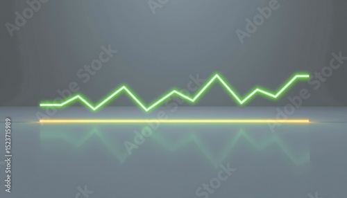 A glowing neon green line graph with a yellow baseline on a reflective surface, symbolizing data analysis or business trends.