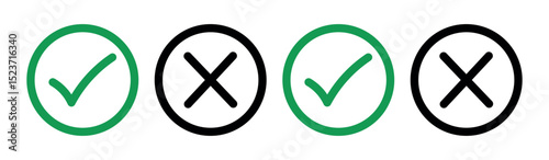  green checkmark and black cross on isolated white background vector symbol for right and wrong choices. Modern flat design, Checkmark icon set. Checkmark right symbol tick sign