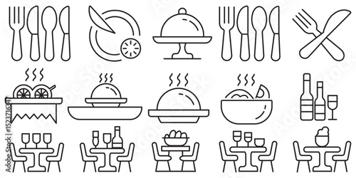 Catering icon set. Containing food service, event planning, dish, table setting, delivery, buffet, fine dining, waiter, tray, food cart, chef and more. Editable line icons. Vector illustration.