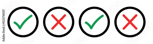 Check mark icon button set. Check box icon with right and wrong buttons and yes or no checkmark icons in green tick box and red cross. Isolated checkmark symbol, right and wrong sign concept.
