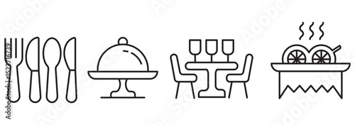 Fork, spoon, knife and plate. Menu symbol. Tableware instruments. Restaurant icon. Food, plate, fork, knife, spoon, cutlery icon set.