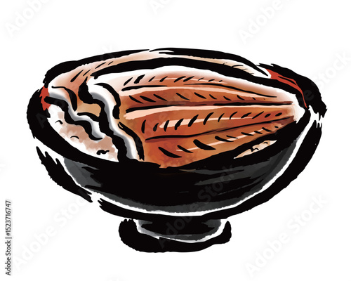 鰻丼（黒茶碗）　筆タッチ手描きイラスト