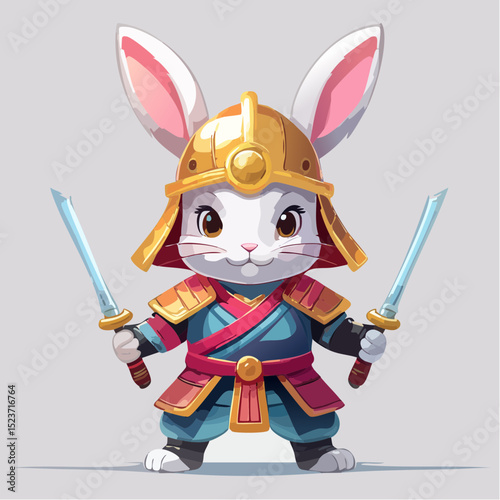 Adorable Samurai Rabbit Illustration Cute Cartoon Warrior Bunny with Swords