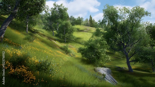 Idyllic meadow with wildflowers on hillside
