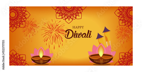 Happy Diwali Festival Vector Banner Set - Diyas, Fireworks & Lotus Illustrations-03
