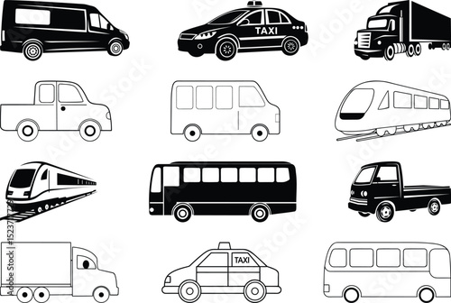 Transportation Vector icon Set illustration like Car, Bus, Taxi, Train, Cab, A collection of transportation silhouette and line art vector icon design set