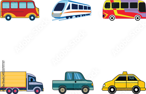 Transportation Vector icon Set illustration like Car, Bus, Taxi, Train, Cab, A collection of transportation colorful and line art vector icon design set