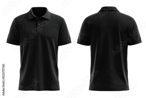 Front and back view of a blank black polo shirt.  The shirt is a solid color and shows a classic polo shirt design.  It's a  3/4 view,  showing the  collar and short sleeves
