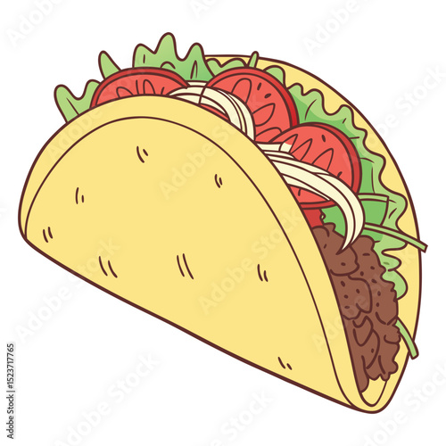 Colorful vector emoji of a taco (hard or soft shell) filled with typical ingredients such as seasoned meat, lettuce, tomato, and cheese. Represents Mexican food, fiesta, or a tasty meal.
