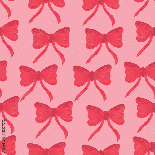 Seamless pattern of pink bows. Gift ribbons on checkered background. Coquette core cute trendy design. Design for wrapping paper, packaging, fabric, textile, home decor, gifts