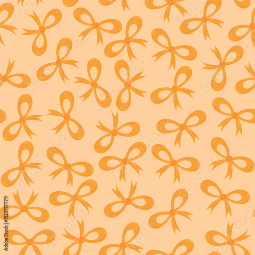 Seamless pattern of  yellow bows. Gift ribbons on checkered background. Coquette core cute trendy design. Design for wrapping paper, packaging, fabric, textile, home decor, gifts