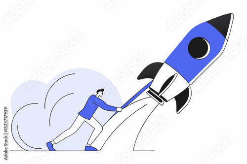 Vector Infographic Elements - blue jacket man having rocket ride