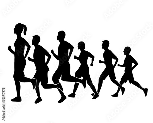 Silhouette of crowd of young people running, morning jogging, side view, isolated icon on white background.