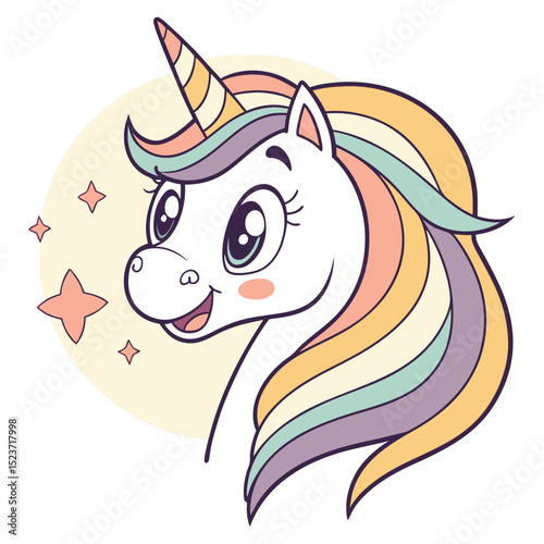 Vector emoji of a white unicorn head, featuring a rainbow-colored mane and a spiraled horn. Symbolizes magic, fantasy, uniqueness, or mythical creatures.