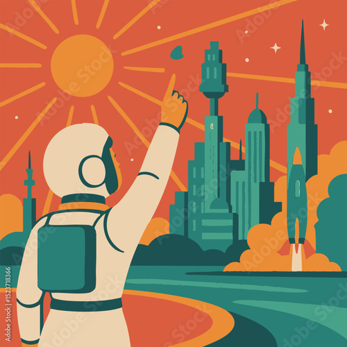 Astronaut pointing at rocket near futuristic city in retro style