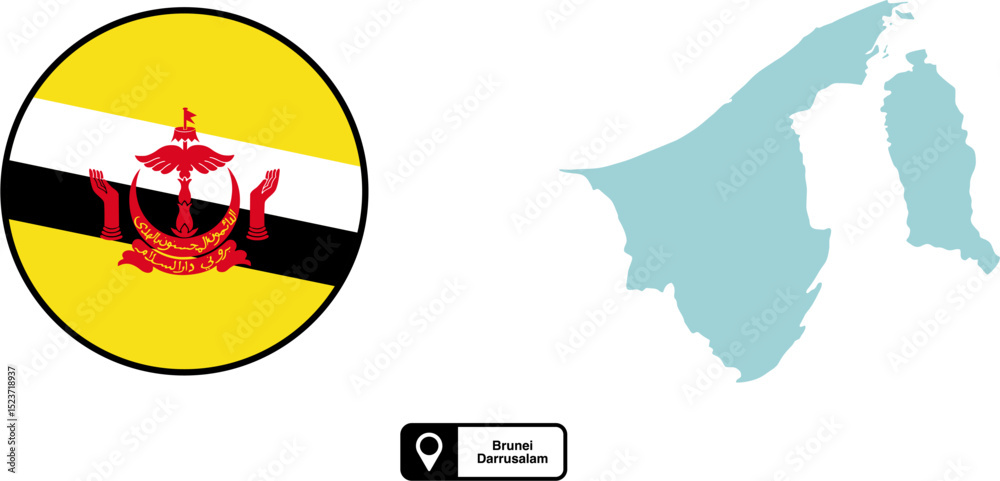 Fototapeta premium Vector map and flag of the country Brunei Darussalam isolated on transparent background