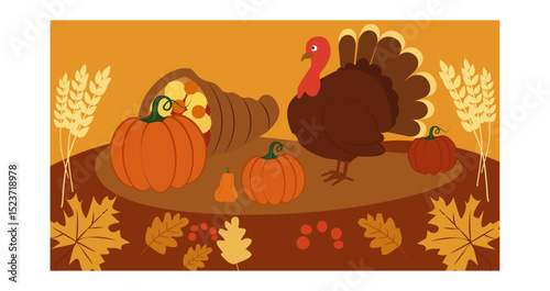 Festive Happy Thanksgiving (USA) Illustration with Autumn Leaves-05