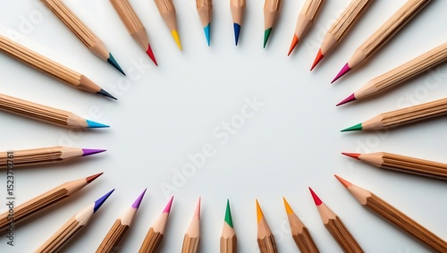 Colorful Pencils Arranged in a Circle on White Background