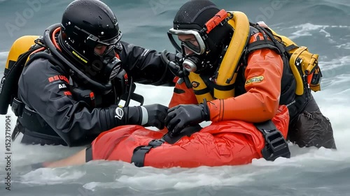 Rescuers in wetsuits navigate challenging ocean waters during a rescue.