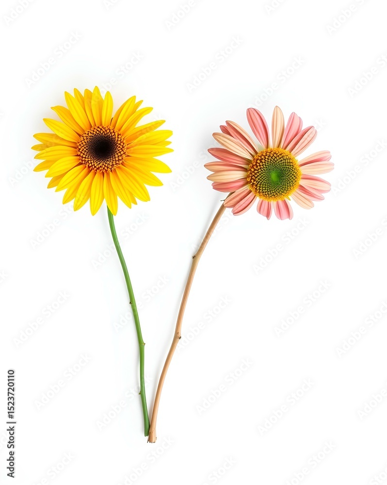 Fototapeta premium Bright Yellow Sunflower and Elegant Pink Daisy on a Clean White Background, Perfect for Floral Themes, Nature Photography, and Botanical Design Concepts