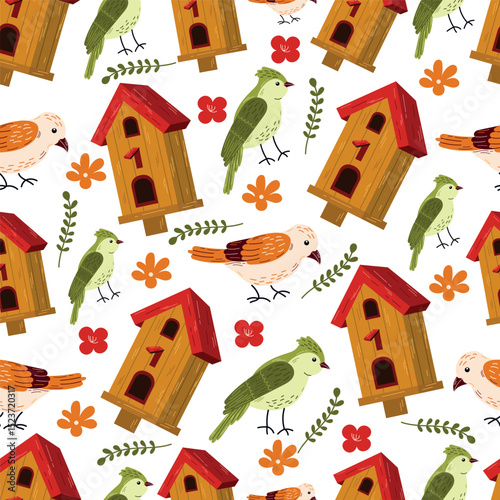 
Birdhouse with a bird. Beautiful birdie. Cartoon vector illustration seamless pattern  isolated on white background