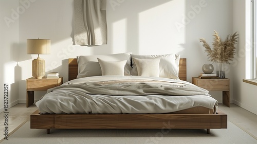 A serene bedroom featuring a low-profile platform bed with soft  luxurious linens in neutral tones  and minimalist bedside tables with sleek lamps.