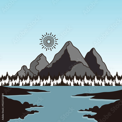 illustration of a view of mountains and very fertile waters.ai