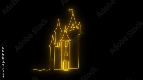 Abstract ancient medieval fairy tale knight's castle, Self drawing animation one continuous line draw, logo. Blazing  flame, energy, fire on black background. neon yellow luminous sign
