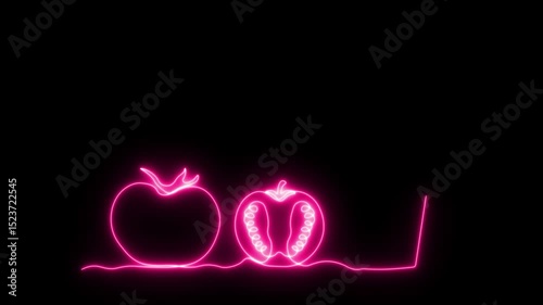 abstract tomato juice glass with lid and straw, Self drawing animation one continuous line draw, logo. Blazing  flame, energy, fire on black background. neon pink luminous sign