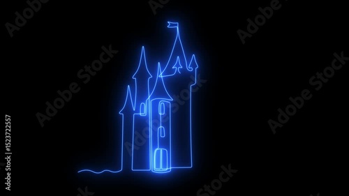 Abstract ancient medieval fairy tale knight's castle, Self drawing animation one continuous line draw, logo. Blazing  flame, energy, fire on black background. neon blue luminous sign