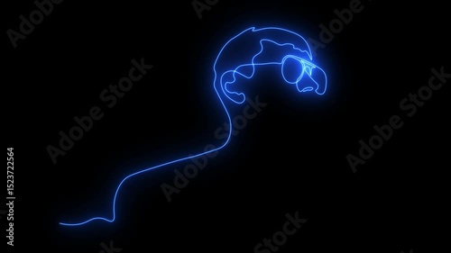 Abstract man, guy with glasses, looks into the distance. Self drawing animation one continuous line draw, logo. Blazing  flame, energy, fire on black background. neon blue luminous sign