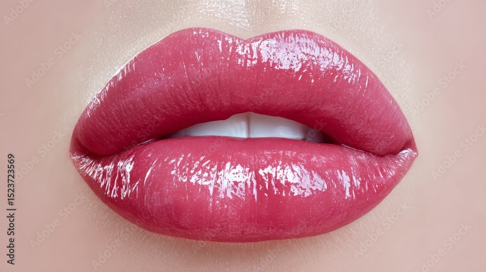Obraz premium Close-up of glossy pink lips with a smooth texture, showcasing a vibrant shine and healthy appearance, emphasizing beauty and cosmetic appeal in a captivating and alluring manner