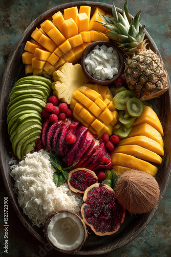 Background of assortment of Fresh tropical fruits